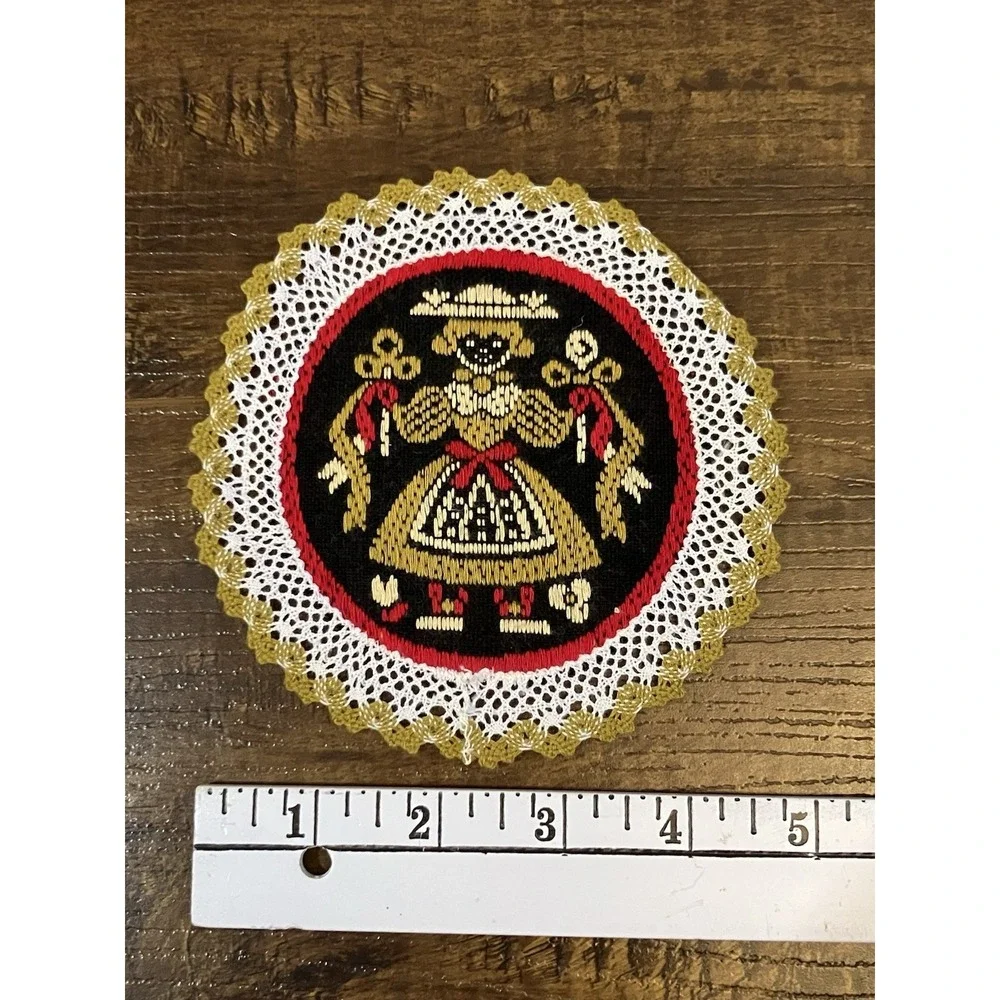 Vintage Austrian Needlepoint Doily Girl Folk Art Lace Edge Hand Embroidered 5